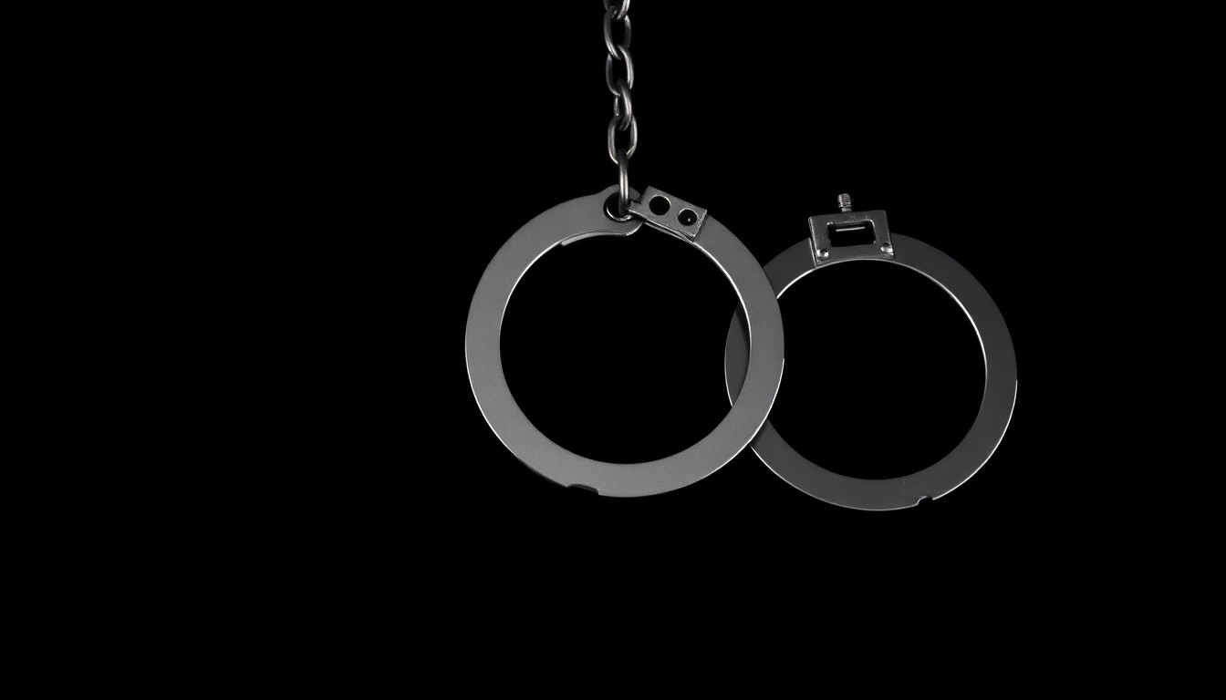 An extreme close-up photograph of a pair of metal handcuffs against a pitch-black background, lit by a harsh, direct camera flash, conveying a sense of restraint and the gritty nature of law enforcement.
