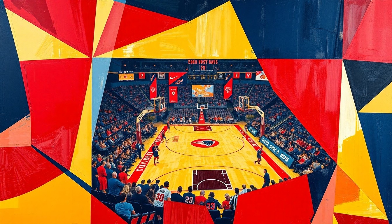 A cubist, geometric painting depicting fragmented basketball players, hoops, and court lines in a vibrant color palette, conveying the dynamic changes coming to the Iowa State basketball team.