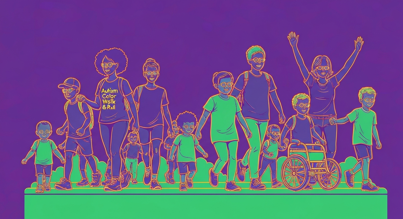 A minimalist, neon-outlined illustration depicting a diverse group of people walking and rolling together, conveying the inclusive and celebratory nature of the Autism Color Walk & Roll event.