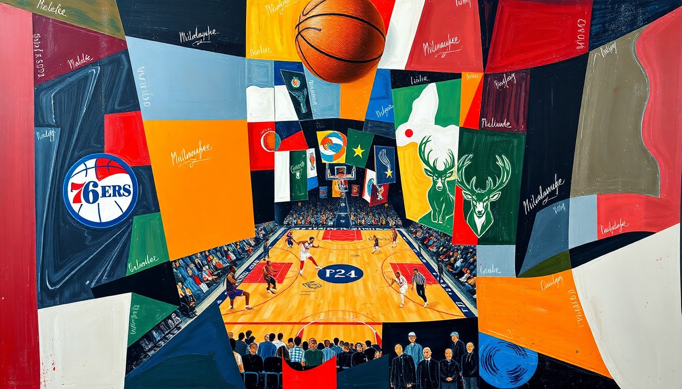 A fragmented, geometric painting depicting the dynamic movements and competing forces of a professional basketball game, with sharp lines and planes of color representing the players, the court, and the intensity of the competition.