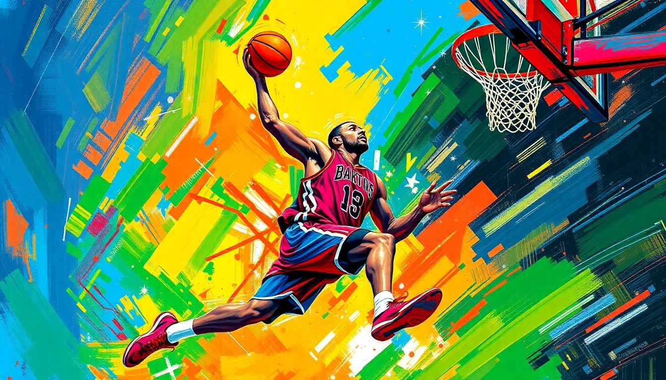 An abstract, expressionist painting in neon colors depicting the dynamic movement and energy of a basketball player driving to the hoop, capturing the essence of Brandin Podziemski's career-high scoring performance.