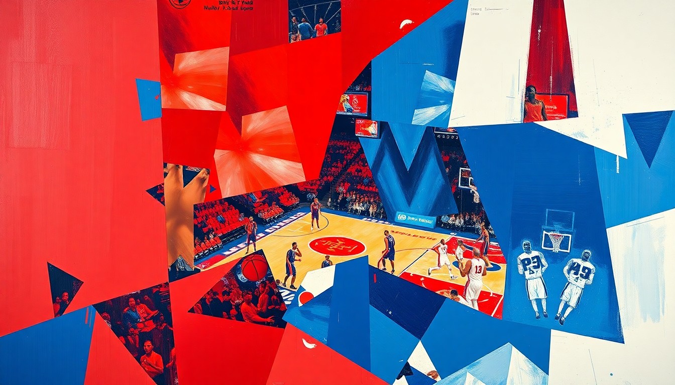 A fragmented, geometric painting in red, blue, and white hues, depicting the dynamic movement and energy of a basketball game in an abstract, cubist style.