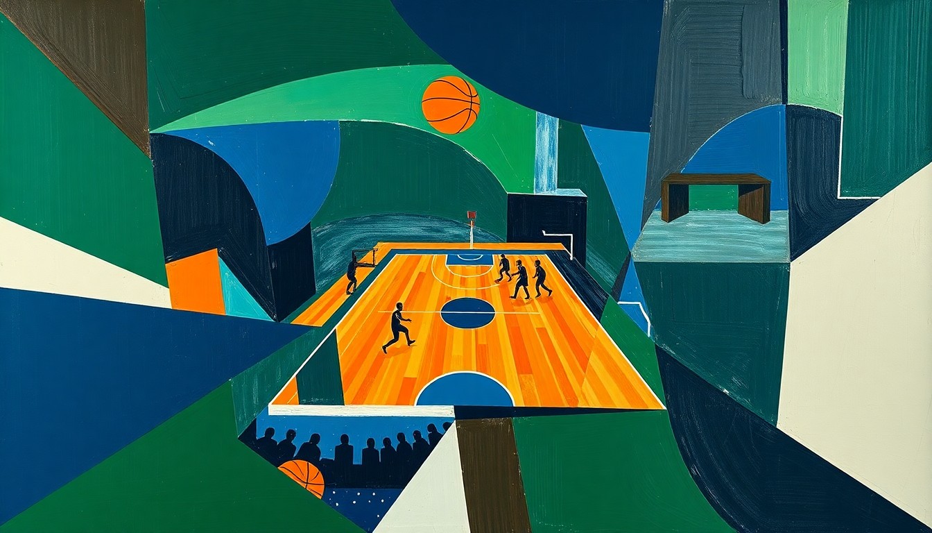 A cubist-style painting featuring sharp, overlapping geometric shapes in navy blue, hunter green, and burnt orange, conceptually representing the fragmented and disappointing end to the Pacers' season.