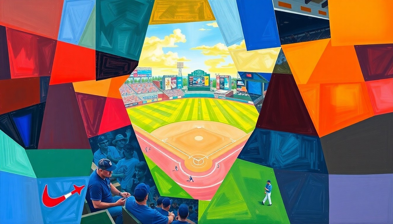 A cubist, geometric painting depicting a baseball game in progress, with the field, players, and stadium rendered in sharp, overlapping planes of bright colors representing the team uniforms.