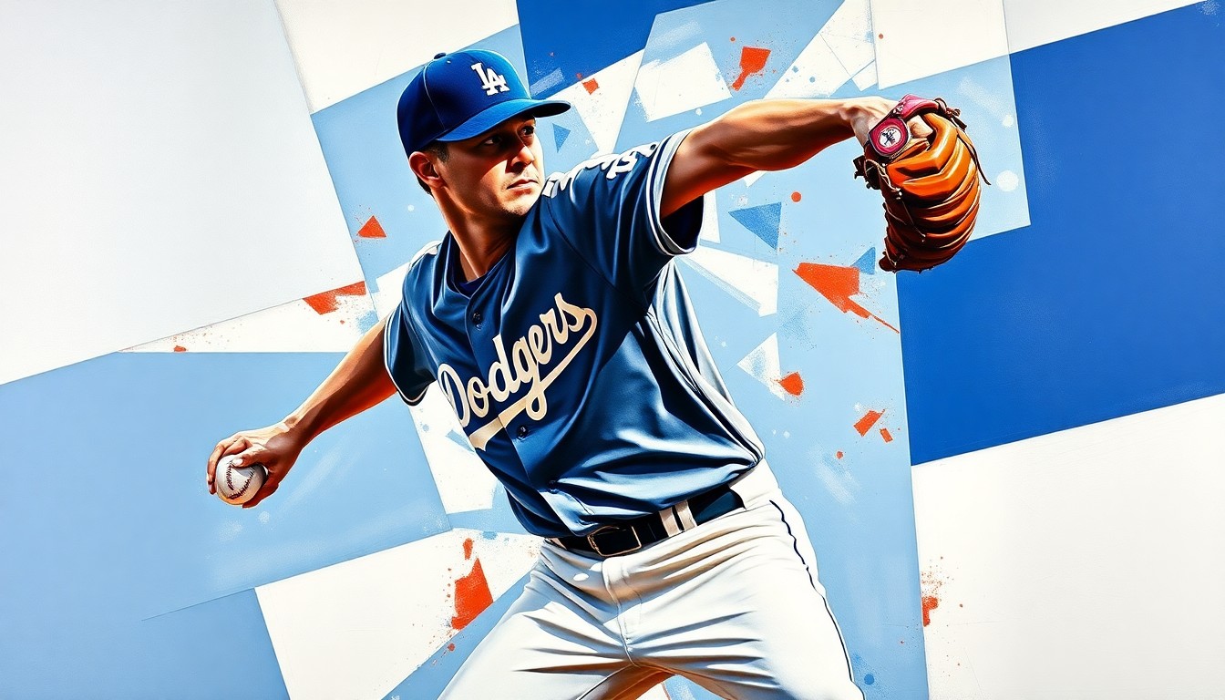 A fractured, cubist-style painting depicting a baseball pitcher's windup and delivery broken down into sharp, overlapping geometric shapes and planes in Dodger blue, white, and red colors.