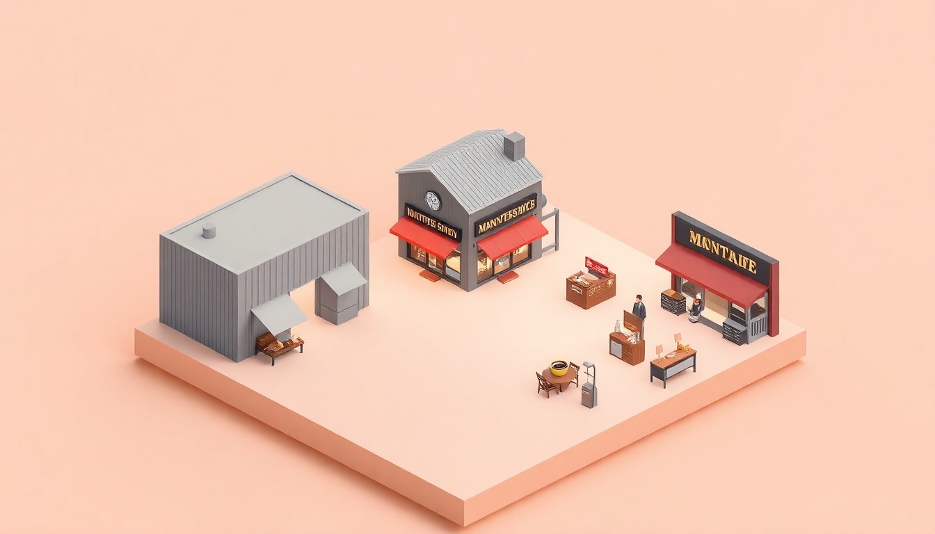 A stylized 3D illustration depicting a miniature knife manufacturing facility, retail shop, and coffee shop floating on a pastel background, representing the premium craftsmanship and community-focused values of Montana Knife Company.