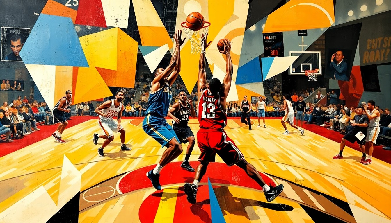 A cubist-style painting depicting the dynamic movements and energy of a basketball game, with players' forms broken down into abstract geometric shapes and planes of vibrant colors.