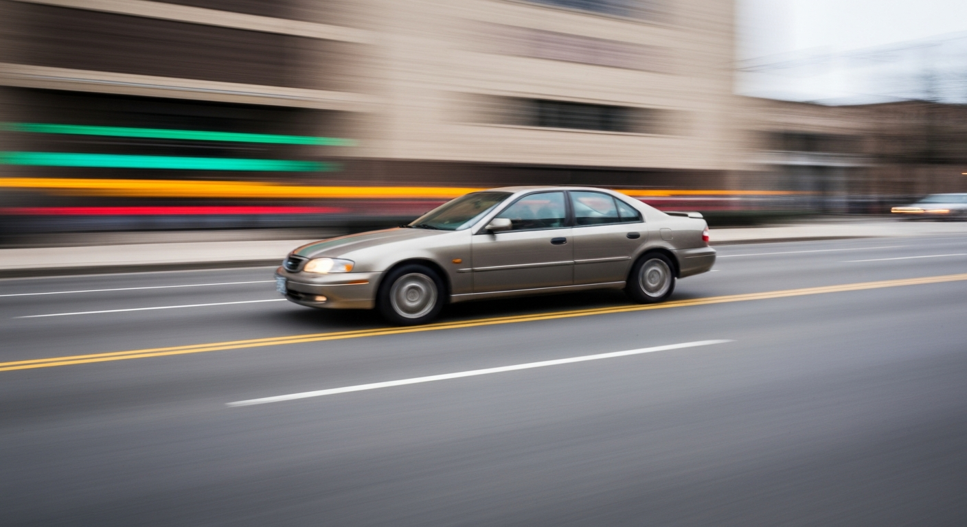 Zamućena, apstraktna fotografija rabljenog automobila u pokretu, s prugama živih boja koje prenose osjećaj brzine, kaosa i izazova iskustva kupnje automobila.