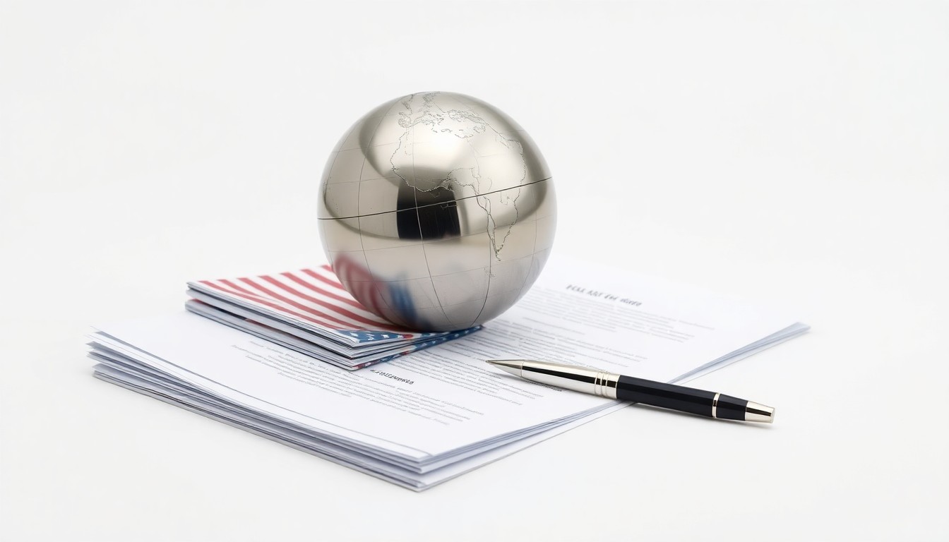 A photorealistic studio still life featuring a polished metal globe, a stack of trade documents, and a pen, conceptually representing the global trade dynamics and negotiations between the US and Indonesia.