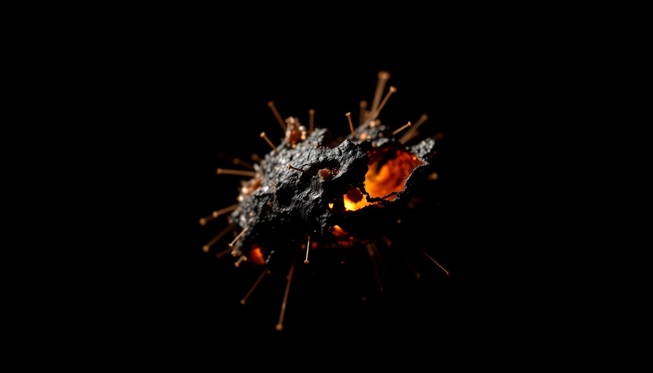 An extreme close-up of a charred, twisted metal fragment from an exploded firework, conveying the gritty, investigative nature of the incident through dramatic lighting and a stark, black background.