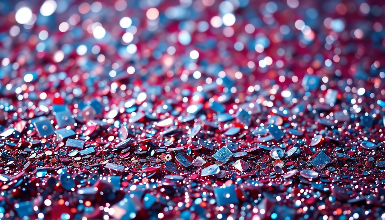 An extreme close-up photograph of shimmering sequins and disco ball fragments, capturing the high-fashion, glamorous aesthetic of a red carpet event.