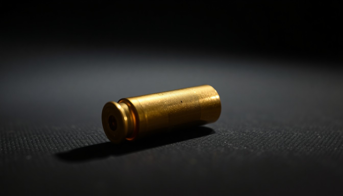 An extreme close-up photograph of a spent shell casing on a dark surface, lit by a harsh, direct camera flash, conceptually representing the physical evidence gathered during a police investigation into a reported shooting.