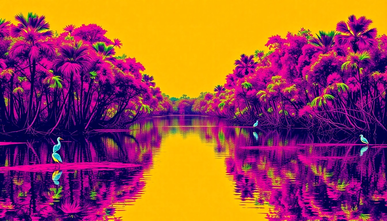 A vibrant, abstract silkscreen illustration depicting a Florida wetland scene with mangrove trees, wading birds, and reflective water, rendered in a bold, pop art style to conceptually represent environmental activism.