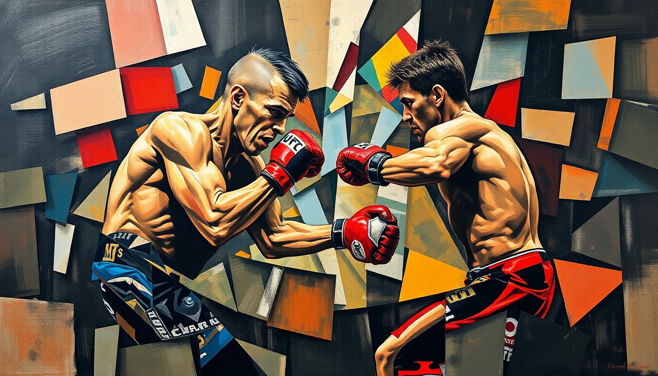 A cubist, geometric painting depicting a mixed martial arts fight or competition, with sharp, overlapping planes of color and form representing the fractured nature of the sport's power dynamics.