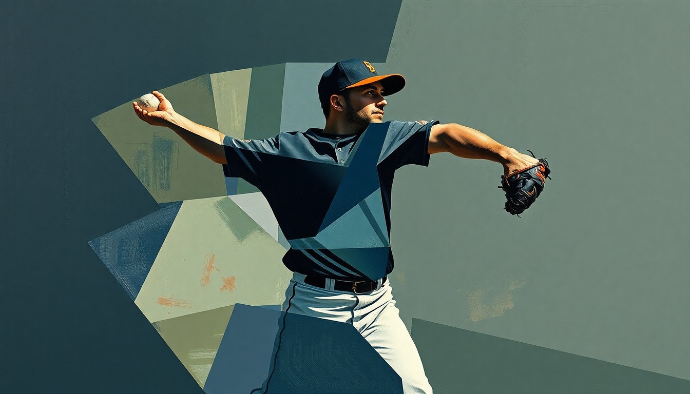 A fragmented, geometric painting depicting a baseball pitcher's throwing motion broken down into sharp, overlapping planes in a muted color palette, conveying the uncertainty surrounding the Brewers' injured starters.