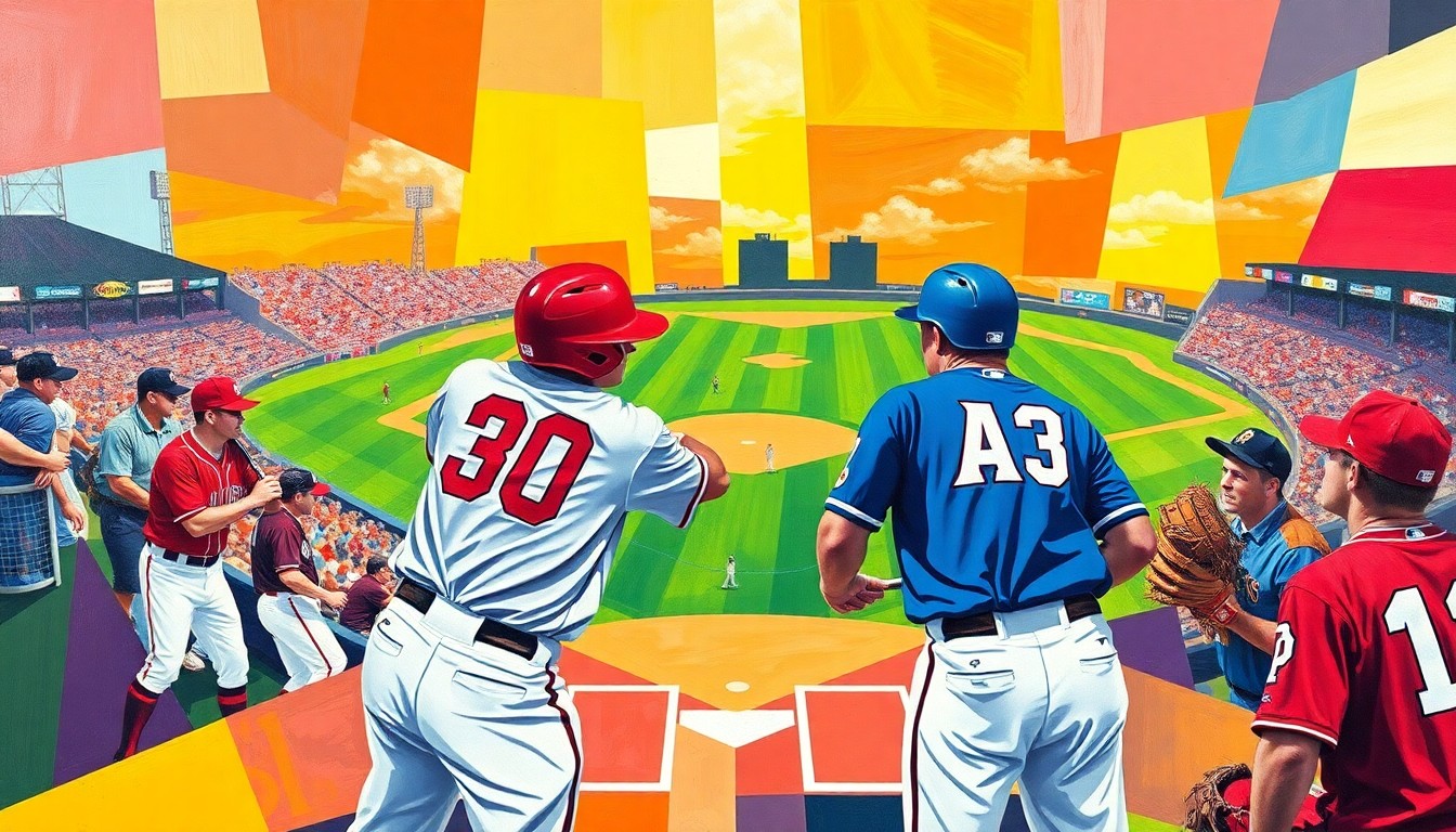 A fragmented, geometric painting depicting a baseball game, with sharp planes of color representing the players and field of play.