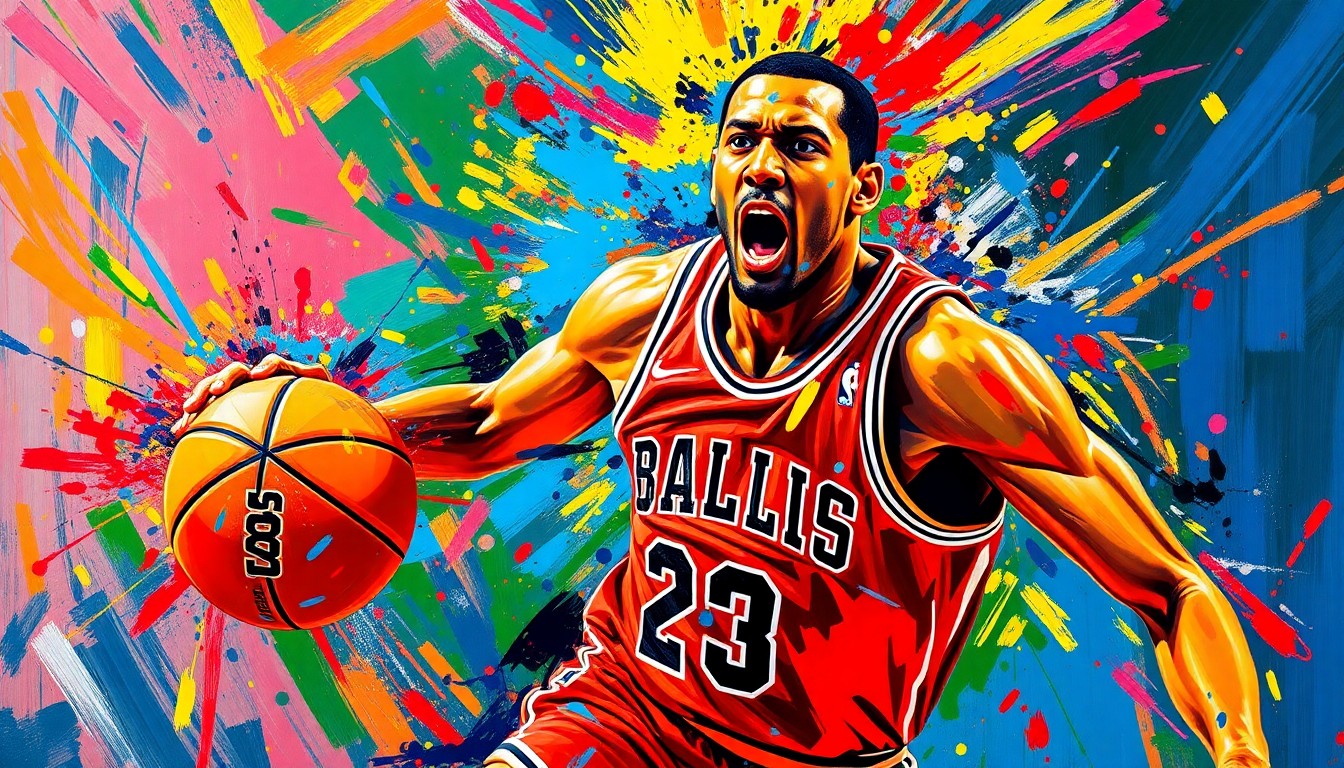 An abstract, expressionist painting featuring a basketball player in motion, with their form and features dissolving into a vibrant, neon-colored blur of energy and movement.