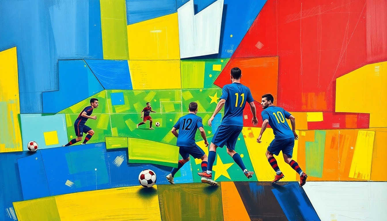 A cubist, geometric painting depicting a soccer match or training session, with overlapping planes of vibrant blue, yellow, and red colors, capturing the dynamic energy of the game.