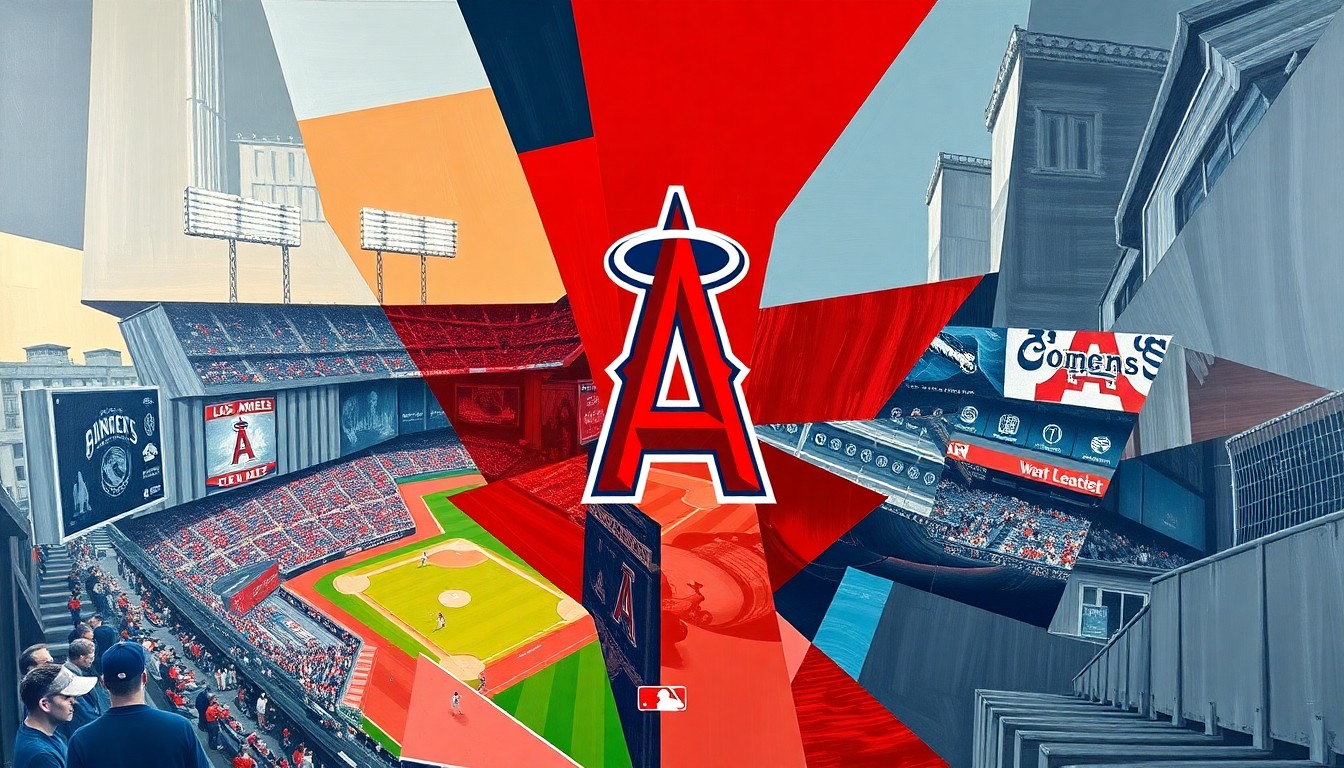 A fragmented, geometric painting in red, white, and navy blue, depicting a baseball game or match broken down into sharp, overlapping planes, conceptually representing the Angels' complex path back to the playoffs.