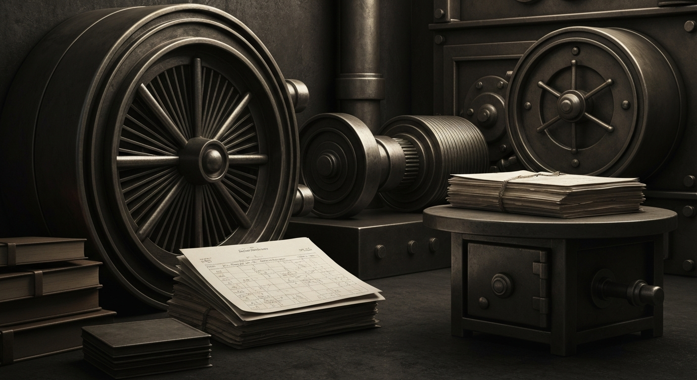 An extreme close-up of heavy, industrial banking equipment and machinery, conveying the tangible, secure nature of financial institutions without using literal currency or charts.
