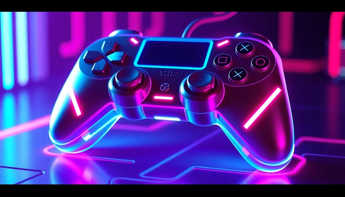 A highly detailed, glowing 3D illustration of a futuristic, neon-lit game controller or other gaming hardware, representing the technological infrastructure and innovation that powers the gaming industry. The controller is illuminated by vibrant cyan and magenta lights, creating a sense of energy and dynamism.