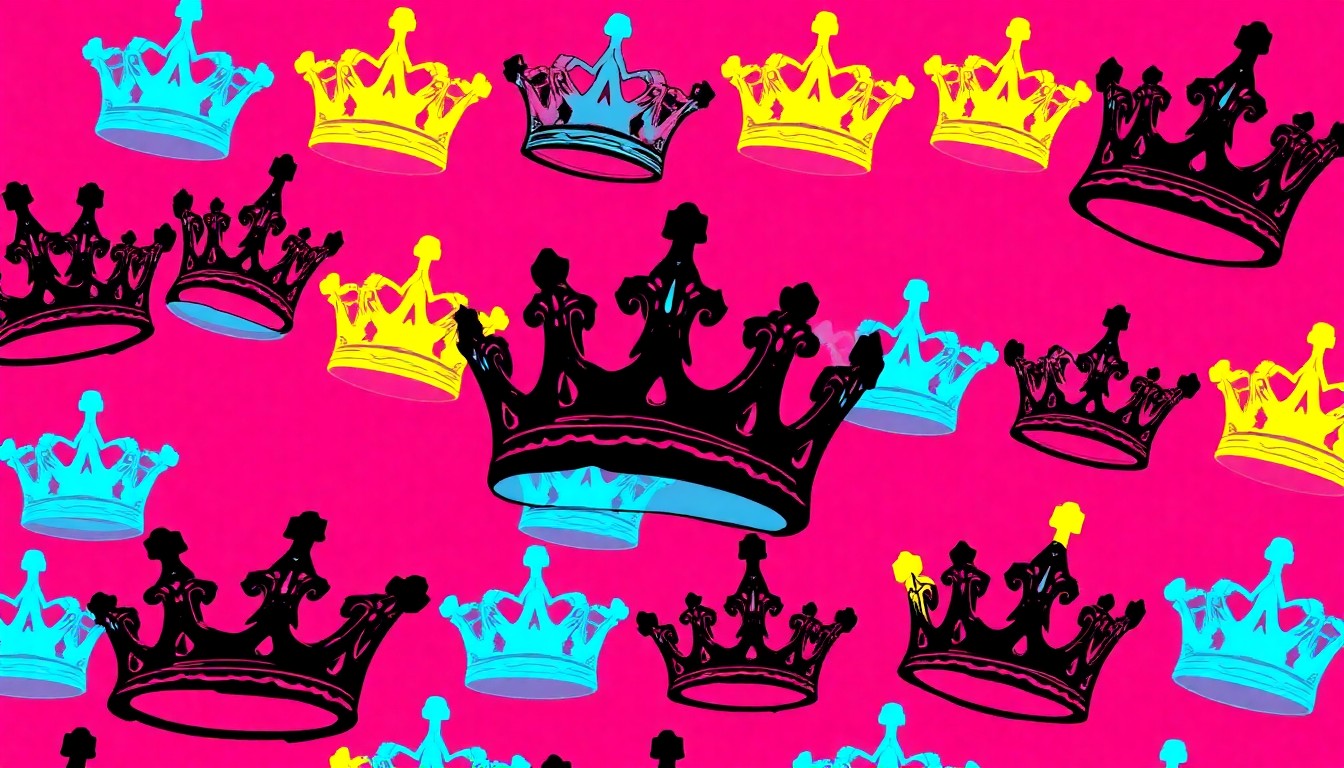 A brightly colored, high-contrast silkscreen print of a homecoming crown repeated in a tight grid pattern, capturing the celebratory energy and iconic symbolism of the annual homecoming tradition.