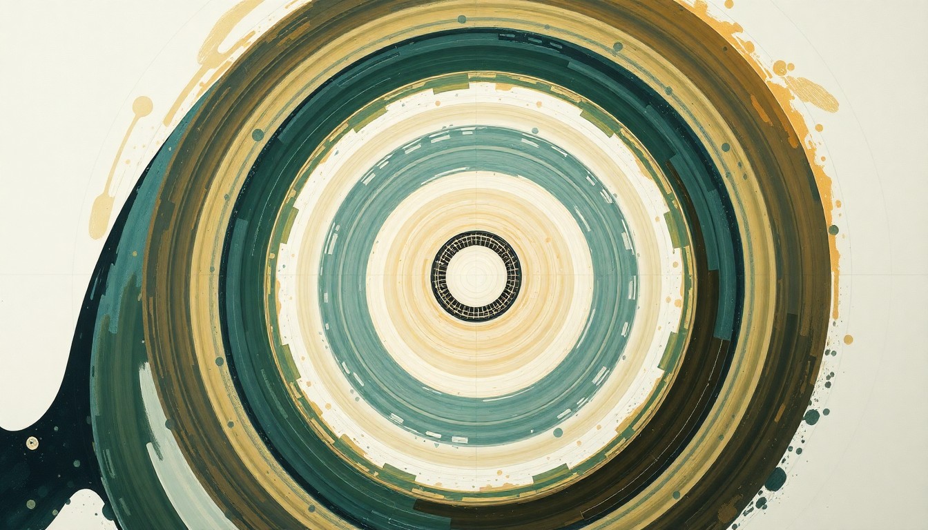 A highly abstract, geometric painting in muted earth tones, featuring sweeping arcs, concentric circles, and precise spirals, conceptually representing the complex structural insights enabled by cryo-electron microscopy in antibody discovery and development.