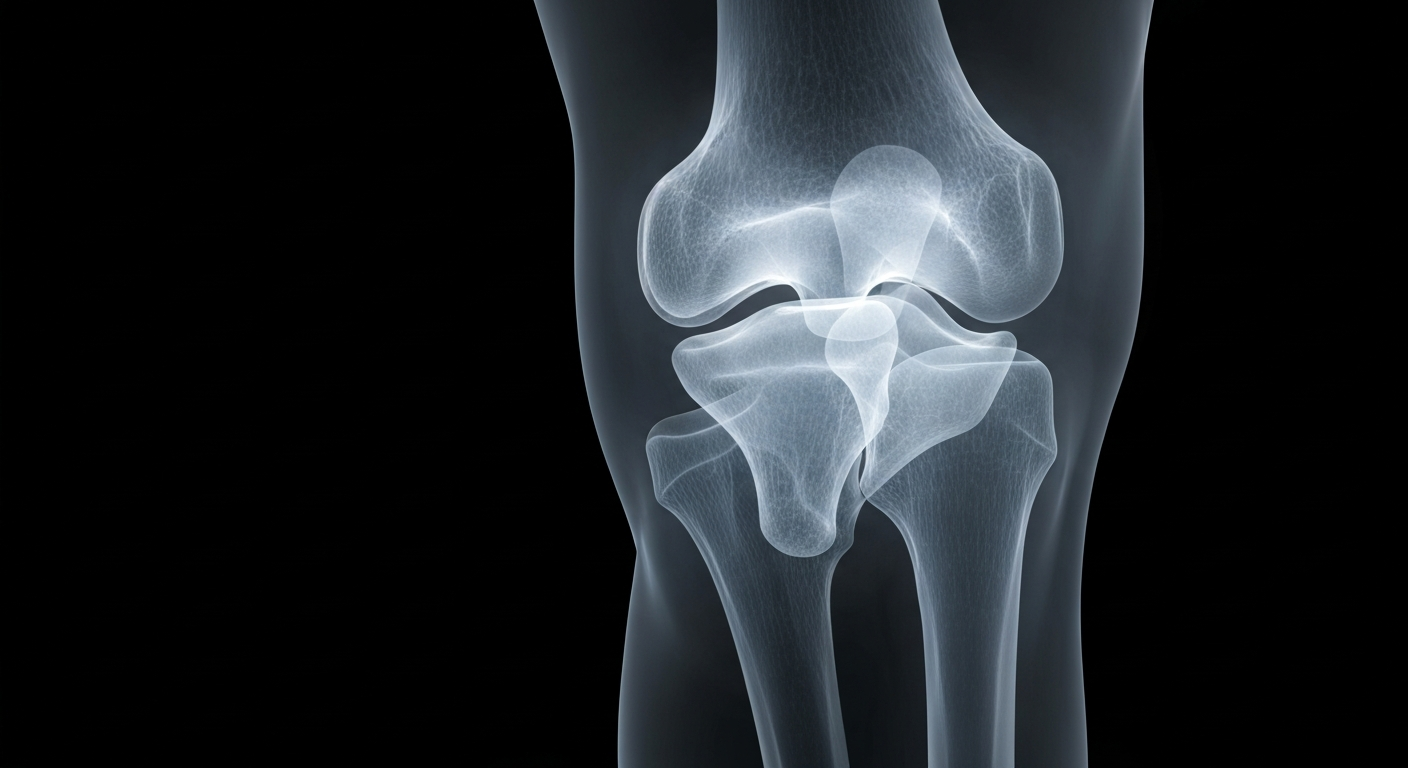 A translucent X-ray image of a human knee joint, with the damaged cartilage and bone structure visible as faint, ghostly lines against a dark background, conceptually representing the potential for regenerative treatment of osteoarthritis.