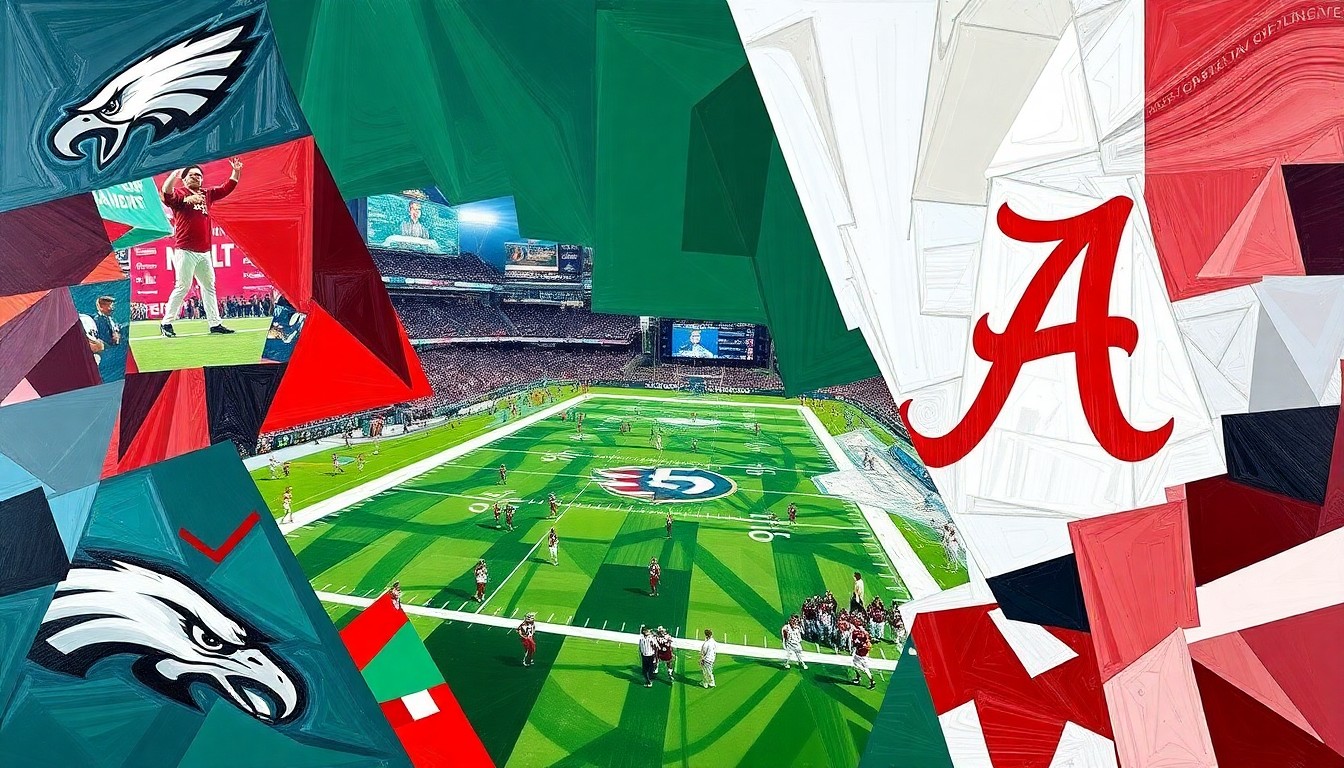 A cubist, geometric painting depicting fragmented football players and draft prospects, representing the Philadelphia Eagles' complex and multifaceted approach to the 2026 NFL Draft.