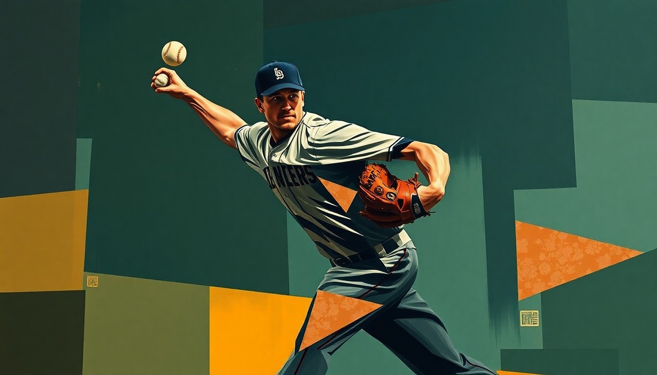 A cubist-style painting depicting a baseball pitcher's throwing motion broken down into sharp, overlapping geometric shapes in muted tones, conveying the fragmented and uncertain nature of the injury.