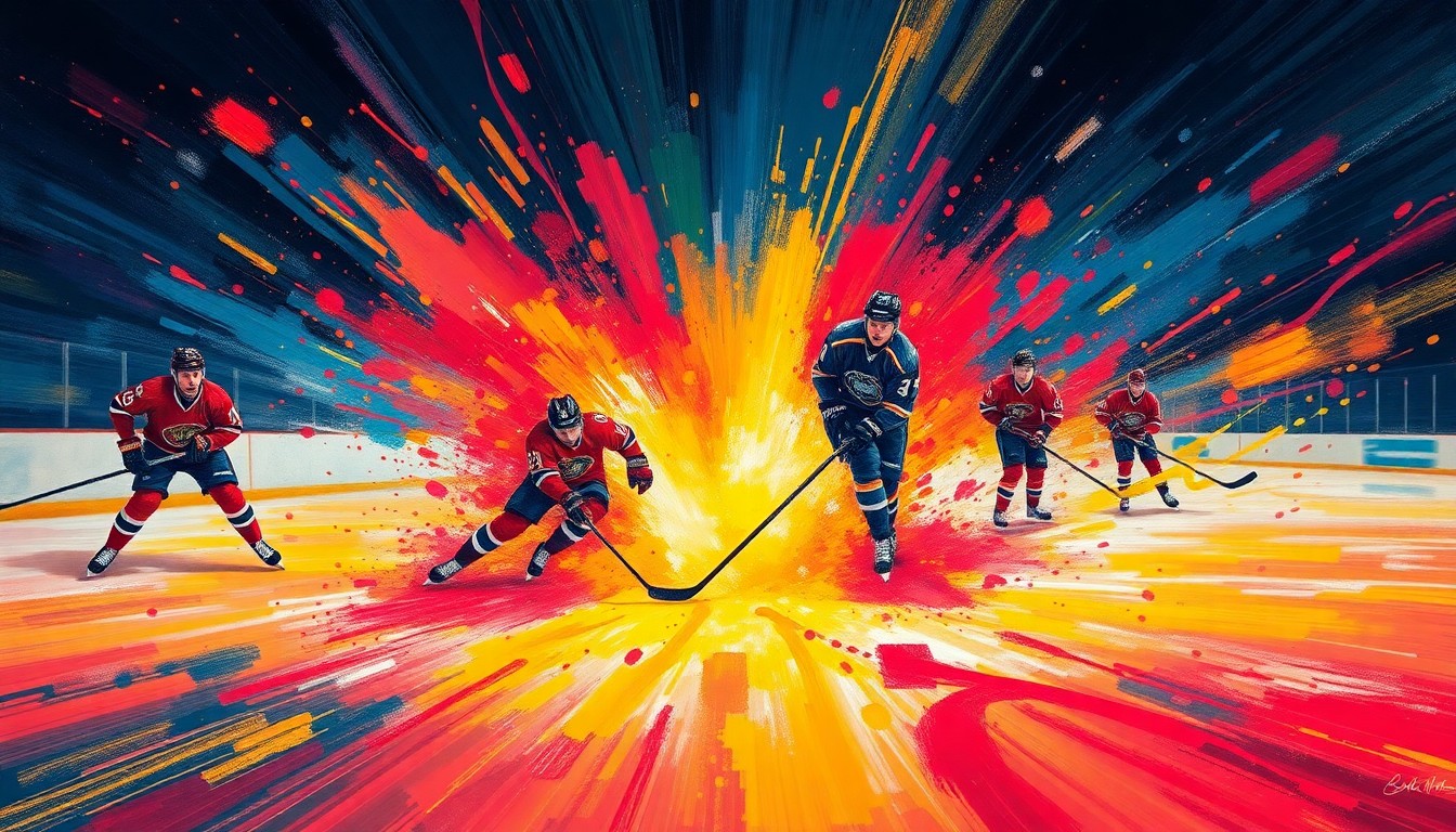 An abstract, energetic painting in neon colors depicting the intense action and movement of a professional hockey game, with players' forms blending into the vibrant brushstrokes.