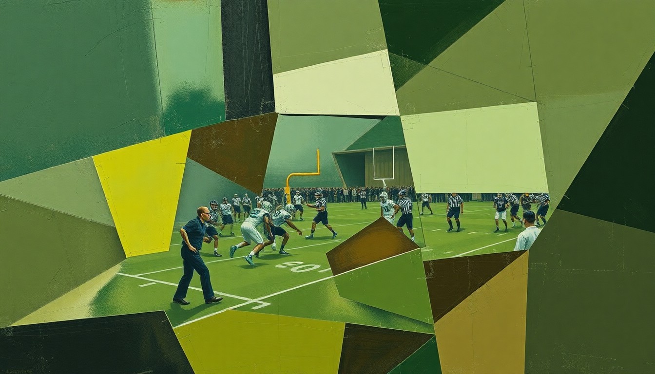 A fragmented, geometric painting depicting a football coaching scene, with sharp, overlapping planes in muted tones conceptually representing the strategic challenges of the sport.