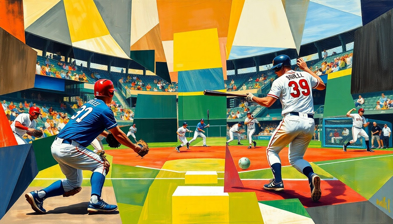 A cubist, geometric painting depicting the dynamic motion and energy of a baseball game, with the players' forms abstracted and deconstructed into sharp, overlapping planes of color and shape.