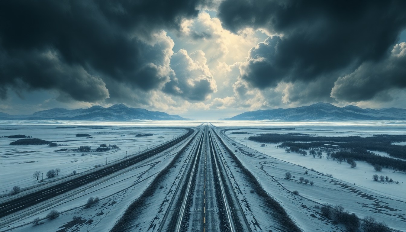 A sweeping, atmospheric landscape painting in muted tones of gray, blue, and white, depicting a snow-covered highway cutting through a vast, frozen expanse, with towering, ominous clouds overhead. The scene conveys the overwhelming scale and power of the natural forces that have disrupted the transportation network.