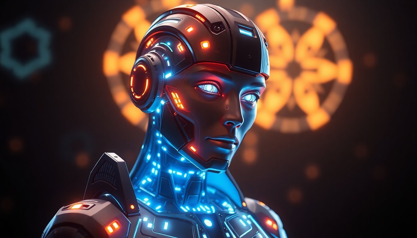 A highly detailed, glowing 3D illustration of a futuristic, AI-powered character model with intricate, illuminated cybernetic elements, hinting at the advanced technology behind the unreleased game 'Burbank'.