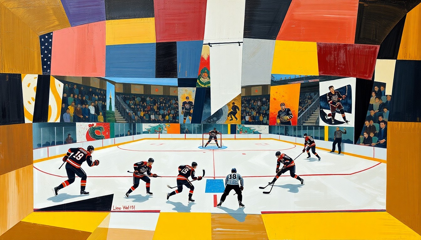 A cubist, geometric painting depicting a hockey game broken down into sharp, overlapping planes of color and shape, conveying the complex dynamics and perspectives involved in the sport.