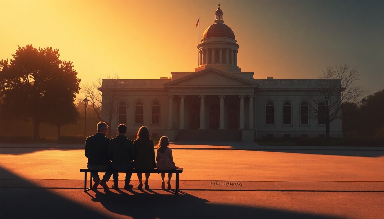 A cinematic painting depicting a family sitting on a bench outside a government building, the scene bathed in warm light and deep shadows, conveying a sense of solitude and the weight of bureaucratic power.
