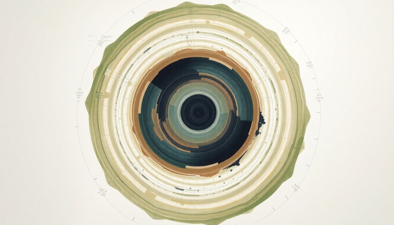 An abstract, highly structured painting in soft, earthy tones of green, brown, and blue, featuring sweeping geometric arcs, concentric circles, and precise botanical spirals, conveying the complex relationship between galaxy size and the presence of supermassive black holes at their cores.