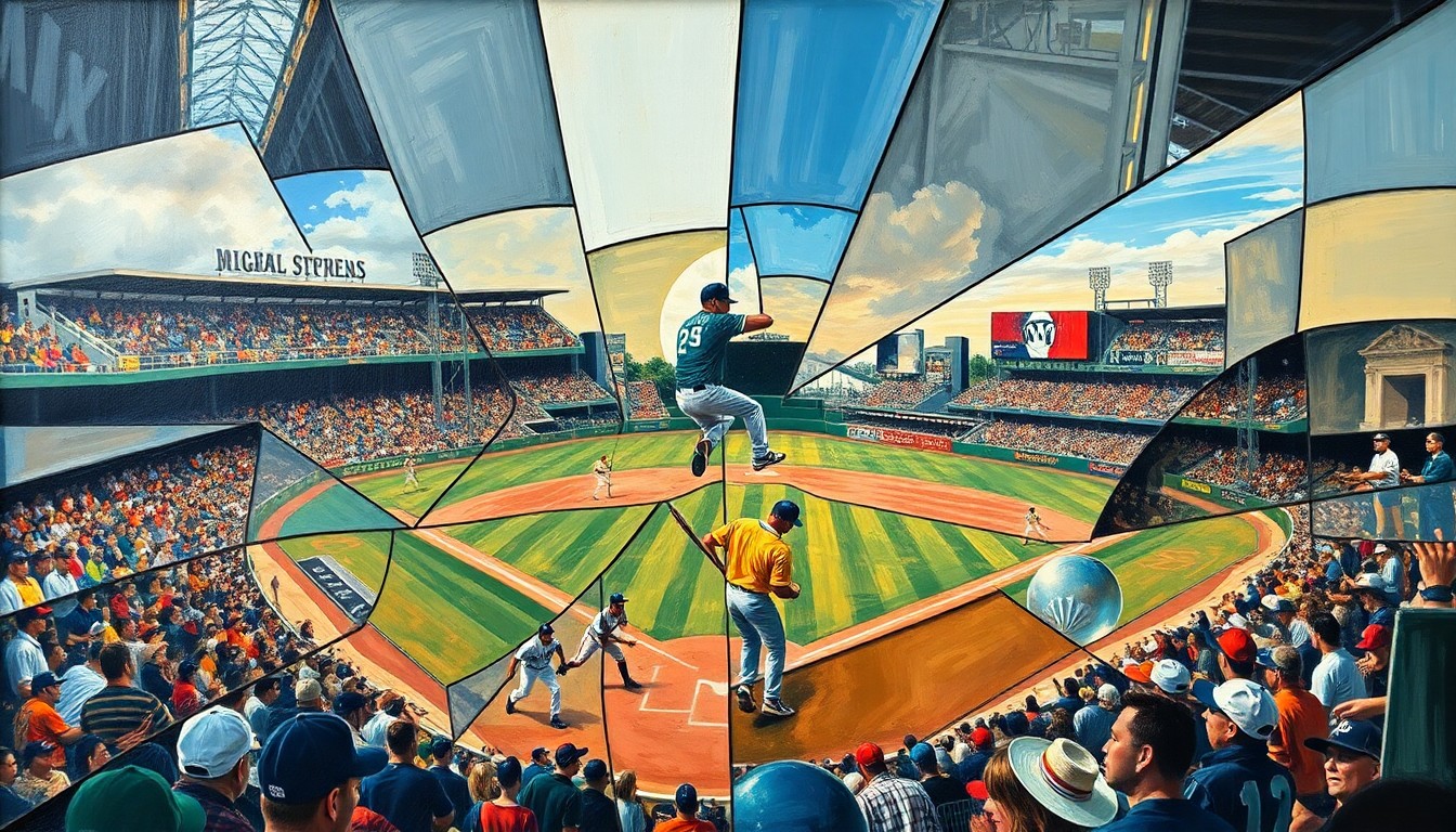 A fractured, abstract painting featuring sharp, overlapping geometric shapes and planes in vibrant colors, conceptually representing the energy and action of a baseball game.