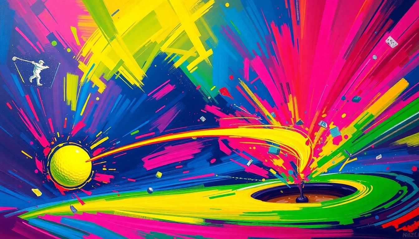 An abstract, expressionist painting depicting the explosive motion and energy of a golf ball arcing towards the cup, surrounded by vibrant neon brushstrokes and colors, conceptually representing the thrill and timelessness of Lee Trevino's incredible eagle-2 shot at the 2025 PNC Championship.