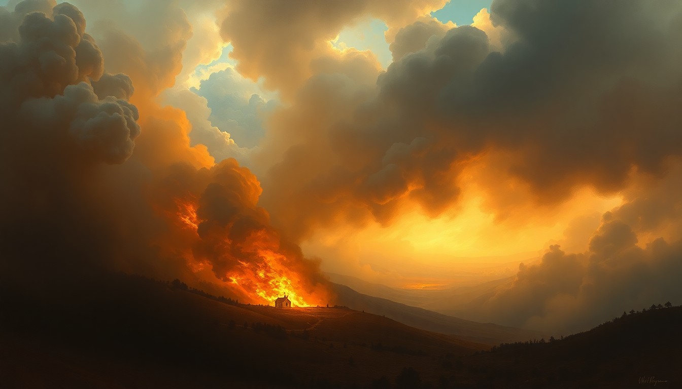 A sweeping, atmospheric landscape painting in muted tones, with a raging fire consuming a small house in the distance, the flames and billowing smoke obscuring the surrounding environment and conveying a sense of the overwhelming, sublime force of the natural world.