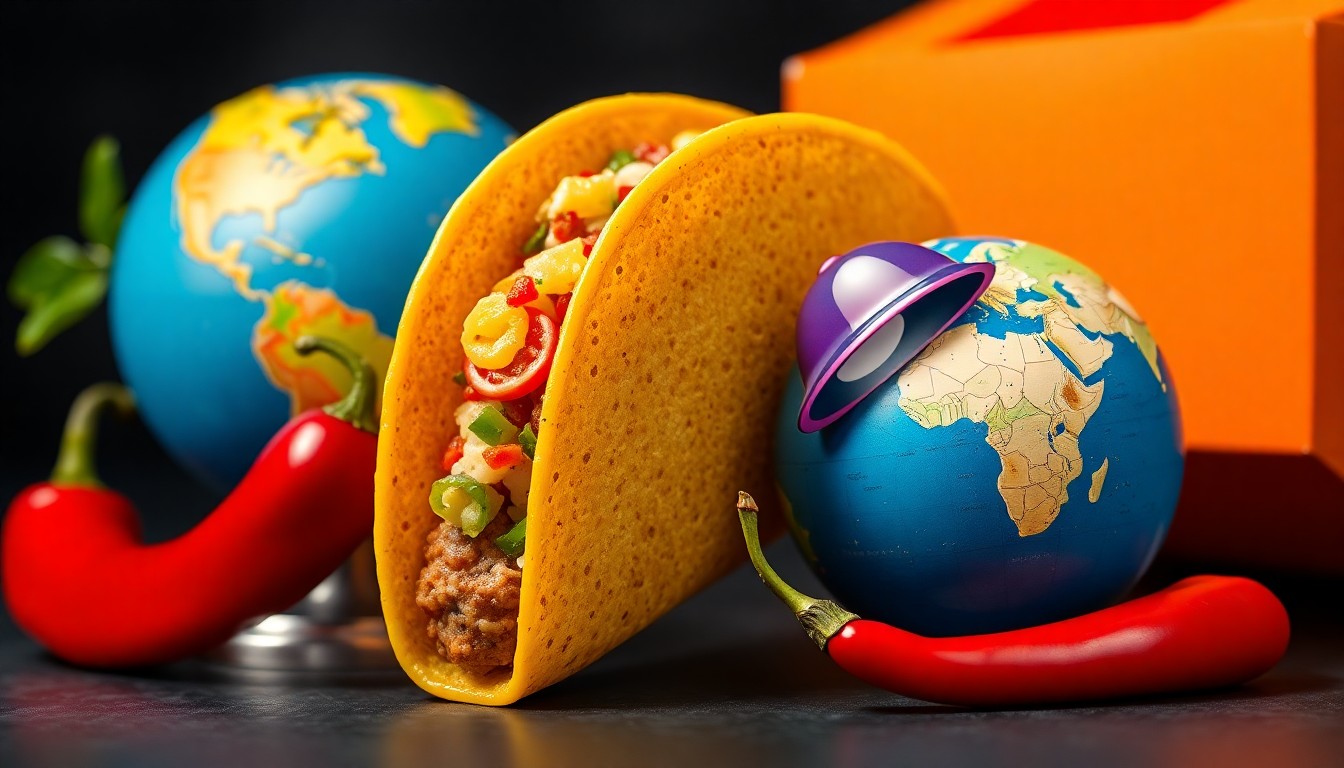 A high-end, photorealistic studio still-life photograph featuring a carefully arranged composition of premium, polished objects representing the global expansion and cultural adaptability of the Taco Bell brand, including a gleaming taco shell, a vibrant chili pepper, and a world globe.