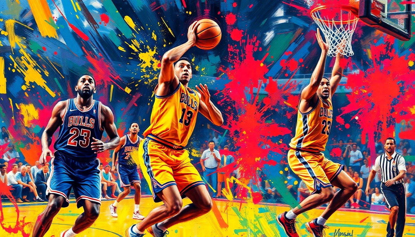 An abstract, expressionist painting in vibrant neon colors, capturing the intense energy and movement of a basketball game, with players' forms dissolving into dynamic brushstrokes and splashes of color.