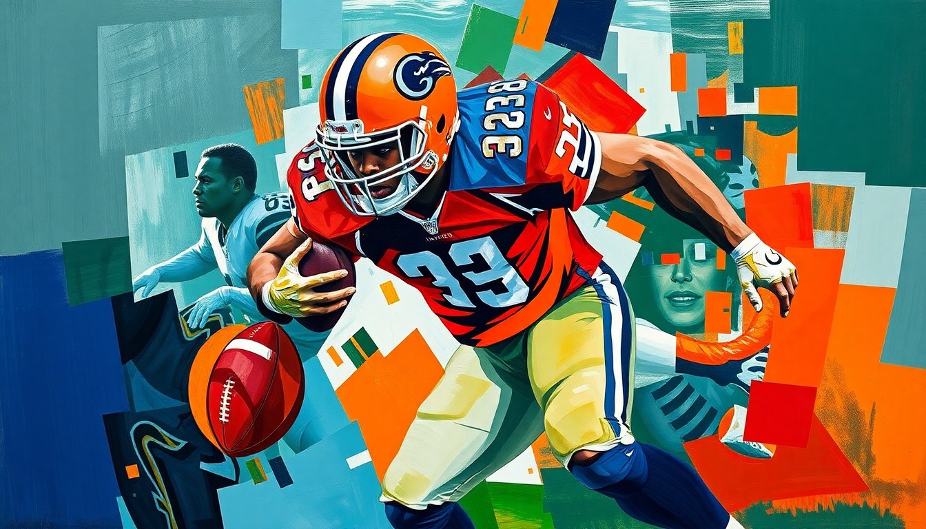 A fractured, geometric painting depicting a football player in mid-motion, with sharp planes of vibrant colors representing the player's explosive movements on the field.