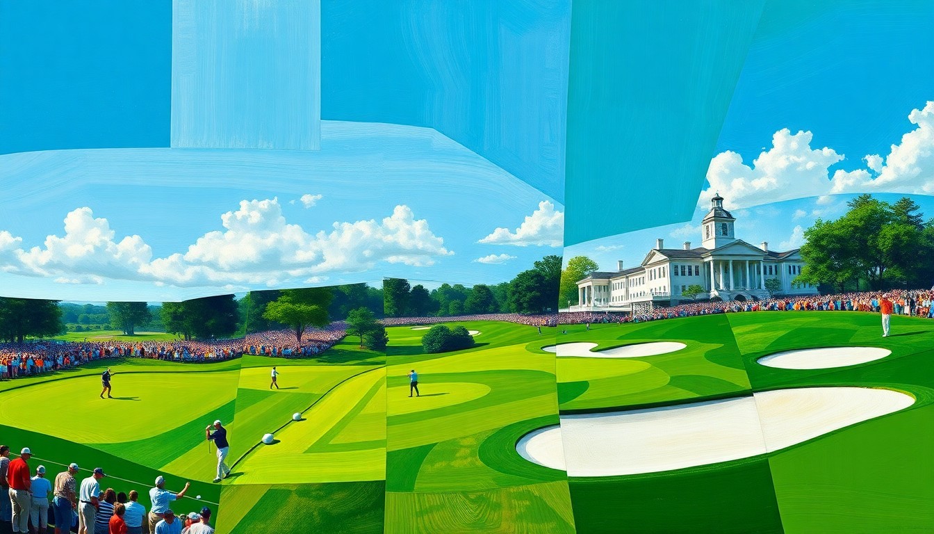 A fractured, multi-perspective painting featuring sharp, overlapping geometric planes in vibrant greens, blues, and whites, conceptually representing the action and energy of a major golf tournament.