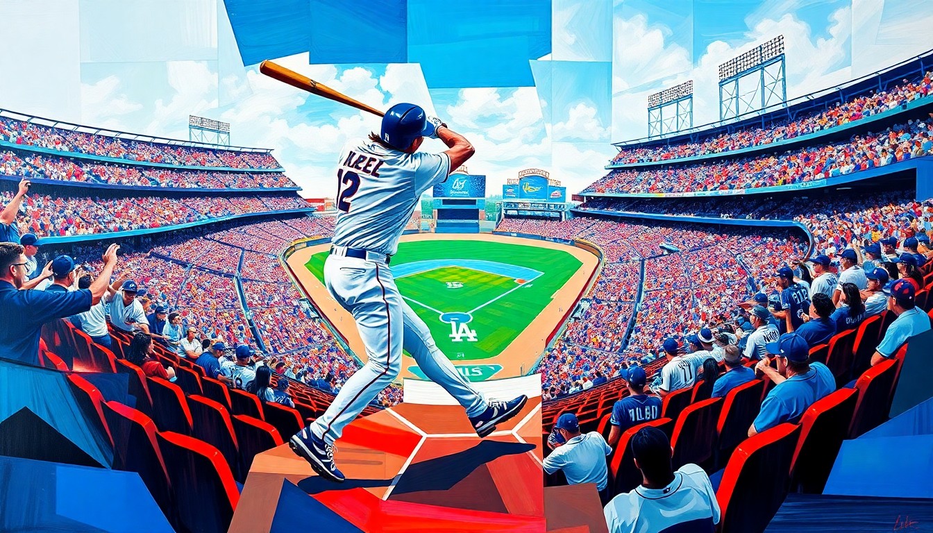 A cubist, geometric painting depicting Shohei Ohtani's home run swing and the excited reaction of the Dodger Stadium crowd, with vibrant colors and overlapping planes of motion.