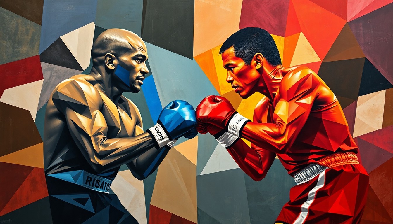 A fractured, multi-perspective painting in vibrant colors, breaking down the Mayweather vs. Pacquiao boxing match into sharp, overlapping geometric planes, capturing the intensity and strategic nature of the fight.