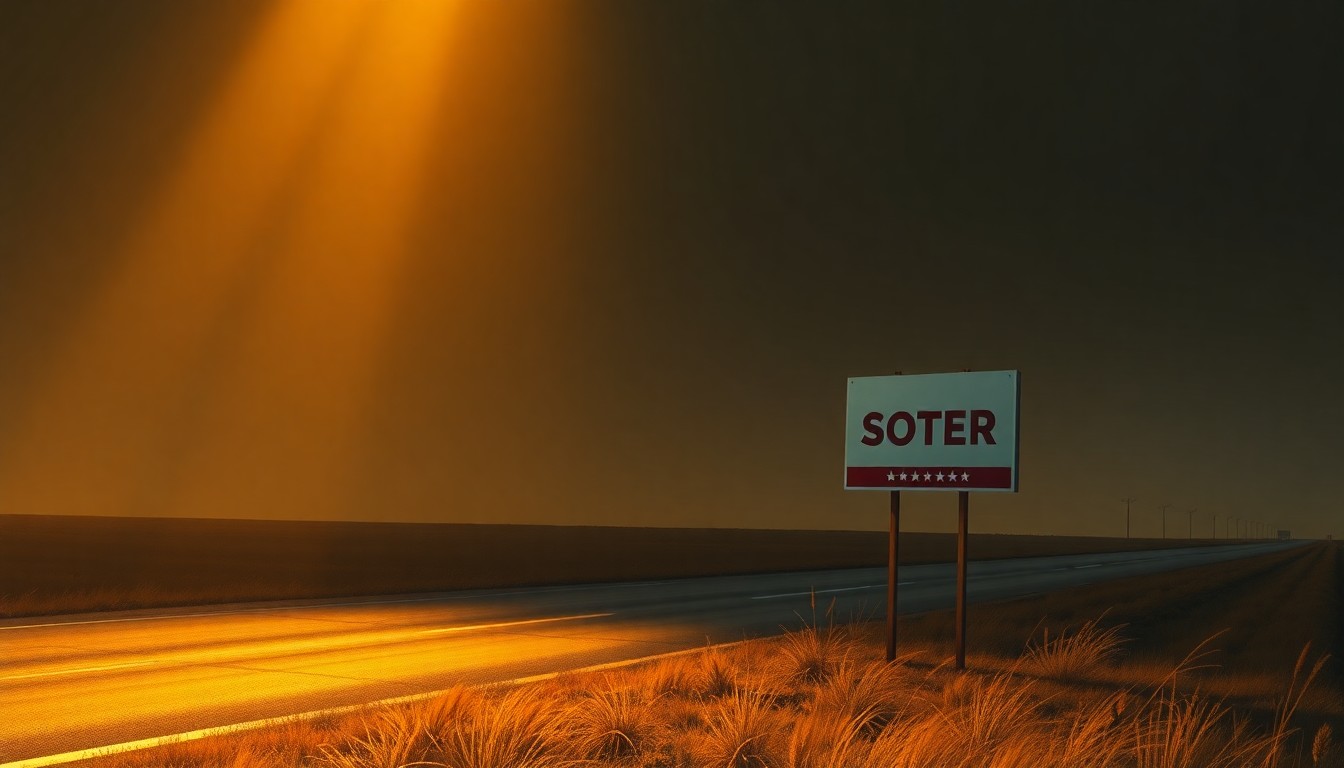 A serene, photorealistic painting of a lone campaign sign on a rural road, the sign's message obscured by the warm, golden light and deep shadows that give the scene a timeless, cinematic quality.