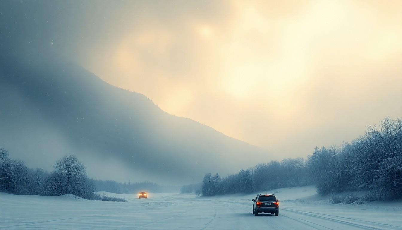 A vast, majestic landscape painting in muted tones of blue, white, and grey, with heavy snowfall and icy winds obscuring any visible structures or vehicles, conveying the overwhelming scale and sublime power of the winter storm.