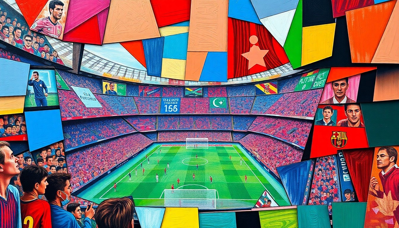 A cubist-style painting depicting a fragmented soccer stadium, players, and fans, with sharp geometric shapes and overlapping planes in vibrant colors, conceptually representing the complex interplay between international sports organizations and local communities.